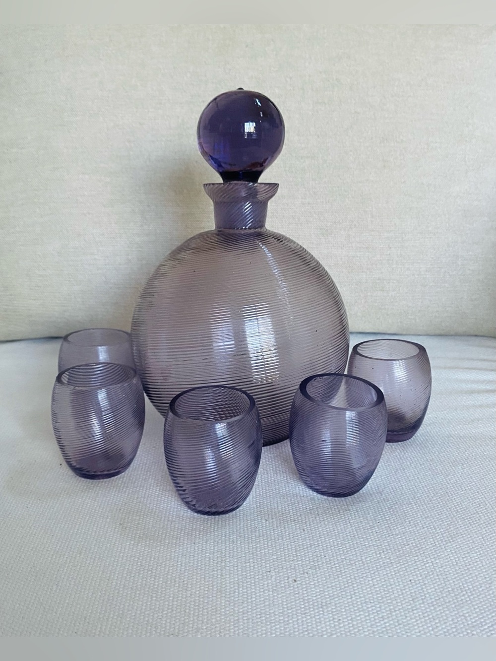 Vintage Italian Amethyst Glass Optic Twist Decanter & 5 Shot Glasses Mid Century